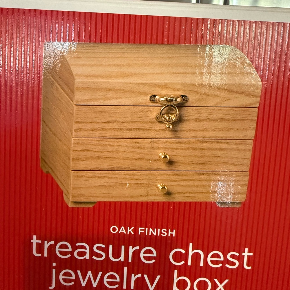 Oak Finish Jewelry Box with Gold Accents, Drawers and Ring Organizers